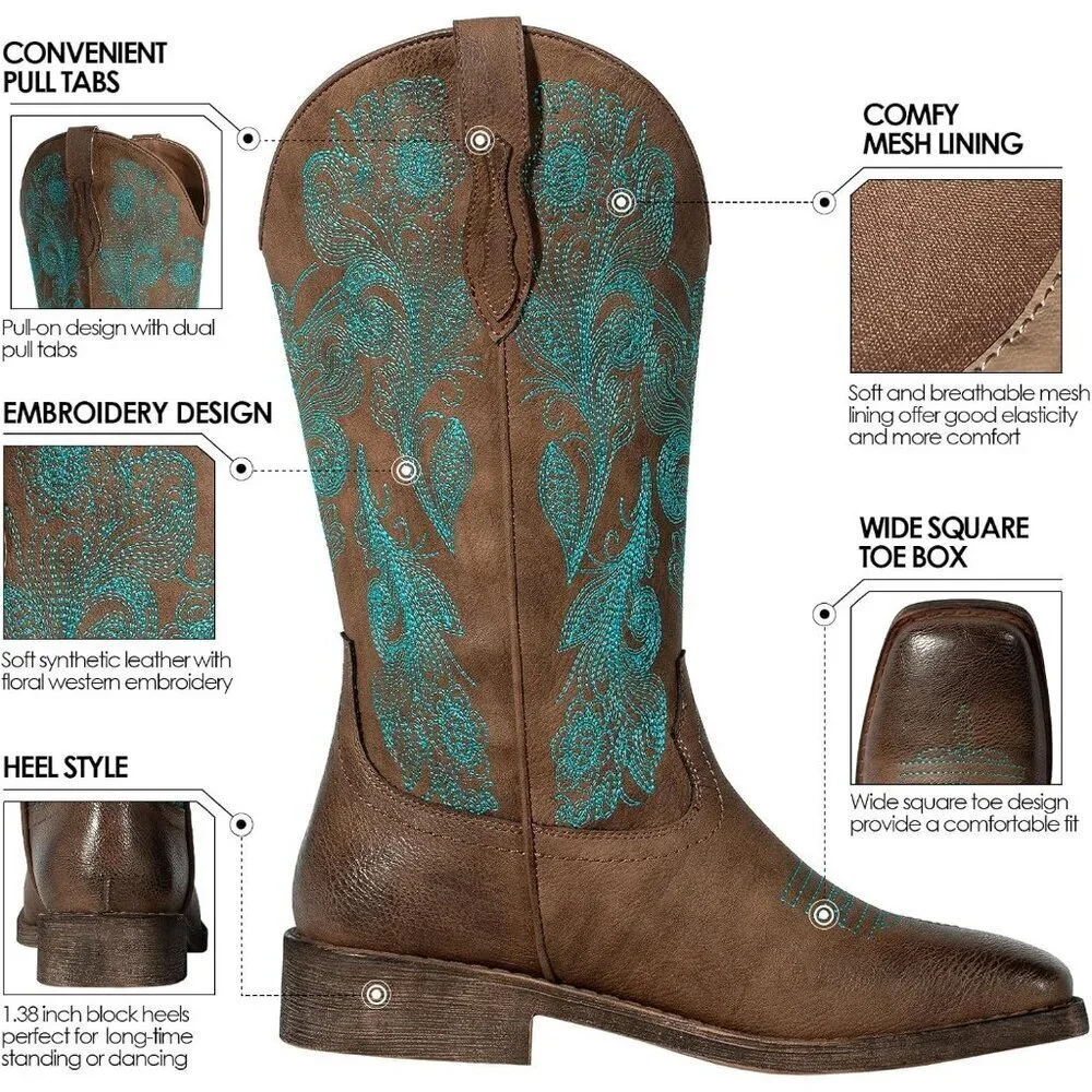 Women Dark-Brown Square Toe Calf High Fashion Western Embroidered Cowgirl Boots - Picture 3 of 9